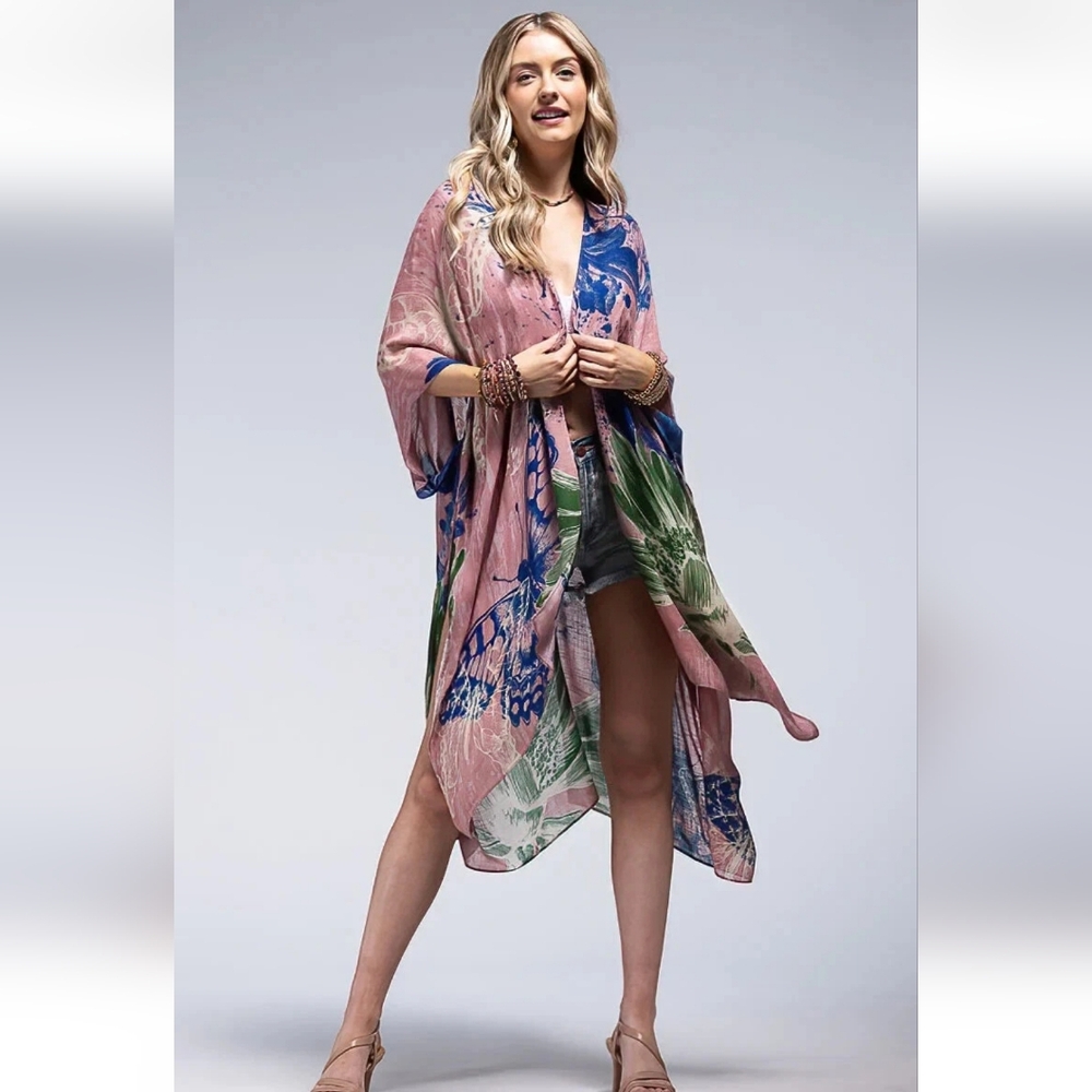 One By ONEDDER Flower Bouquet and Butterfly Print Kimono